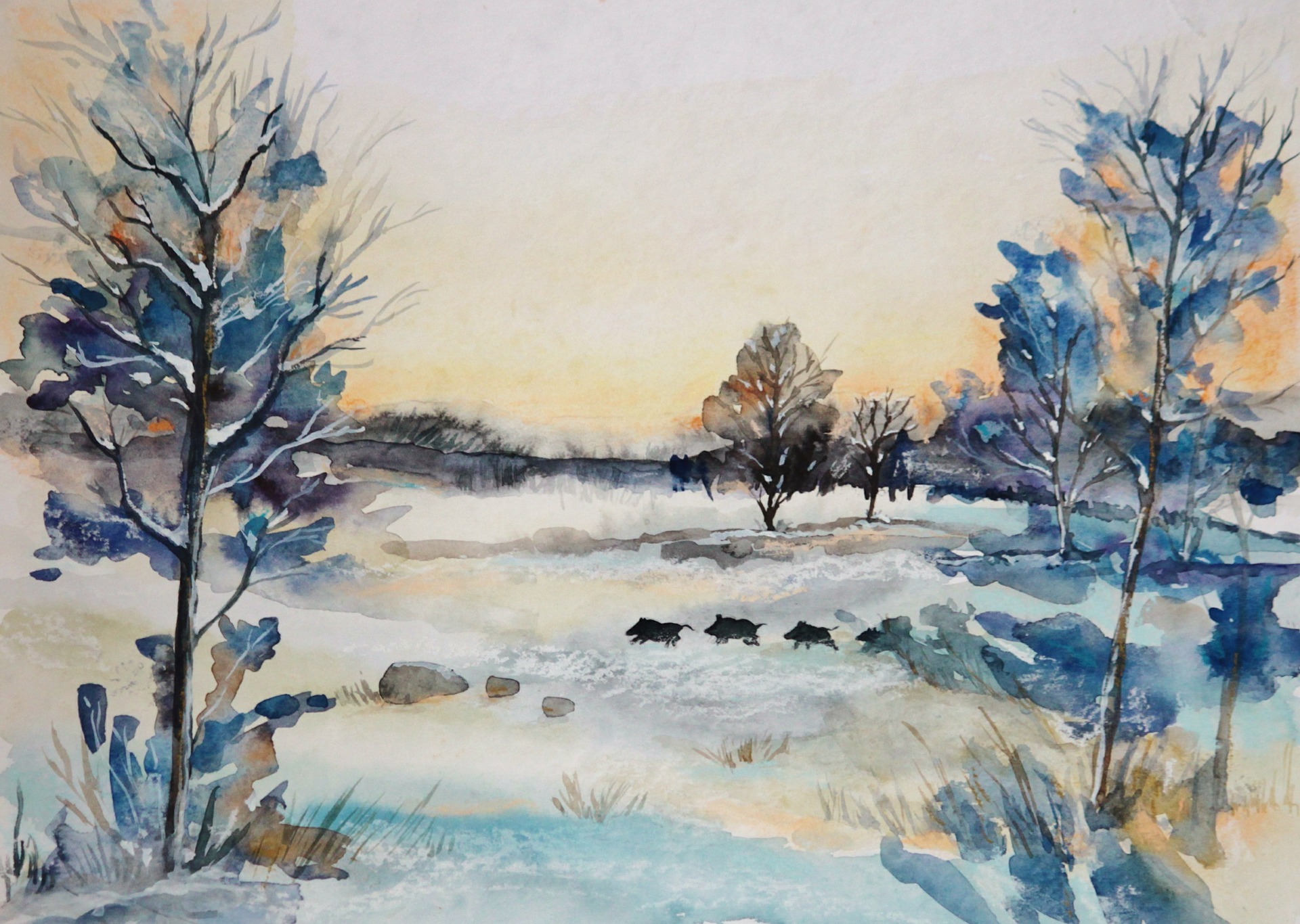 Watercolour of snowscape wit blue trees and black boar.