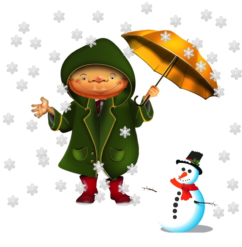 Snow on my umbrella. Cartoon gnome and snowman