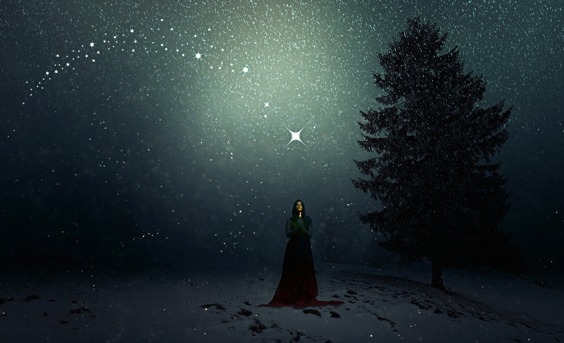 Woman in long red skirt and green shawl  holding candle in starlit night and snow, under bright star, by tree.