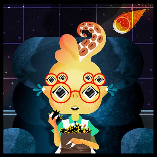 Illustration of a smart person with an octupus tentacle hairstyle eating stars at night.