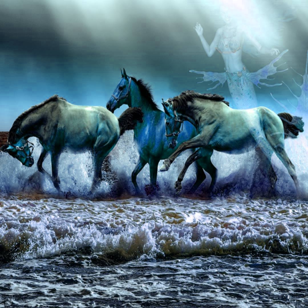 Mermaid with horses in sea waves
