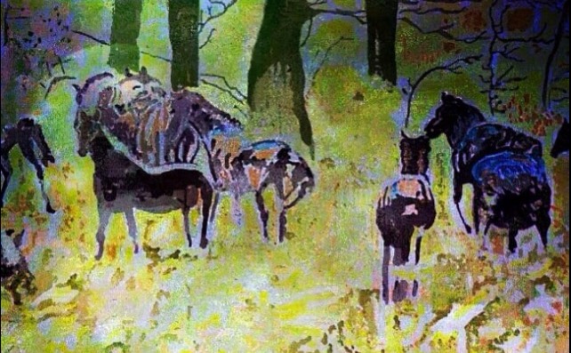 forest animals - group of  Letea horses amongst trees